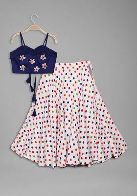 Navy Blue Embroidered Blended Lehenga Choli For Girls