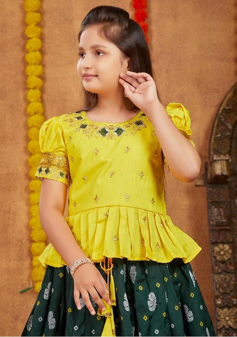 Yellow Embroidered Silk Lehenga Choli For Girls - Indya