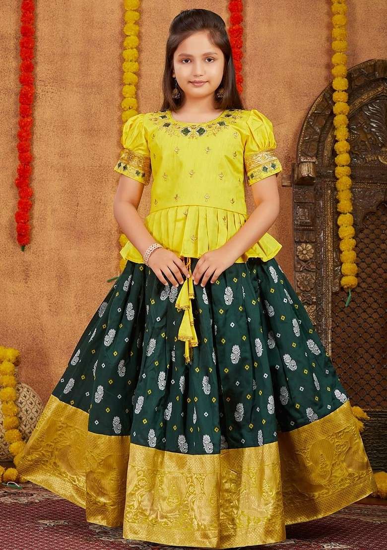 Yellow Embroidered Silk Lehenga Choli For Girls - Indya
