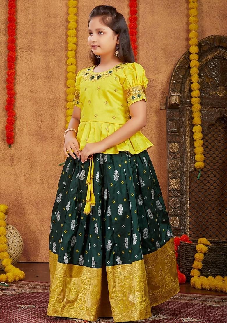 Yellow Embroidered Silk Lehenga Choli For Girls - Indya