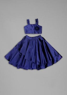 Navy Blue Embroidered Silk Lehenga Choli For Girls