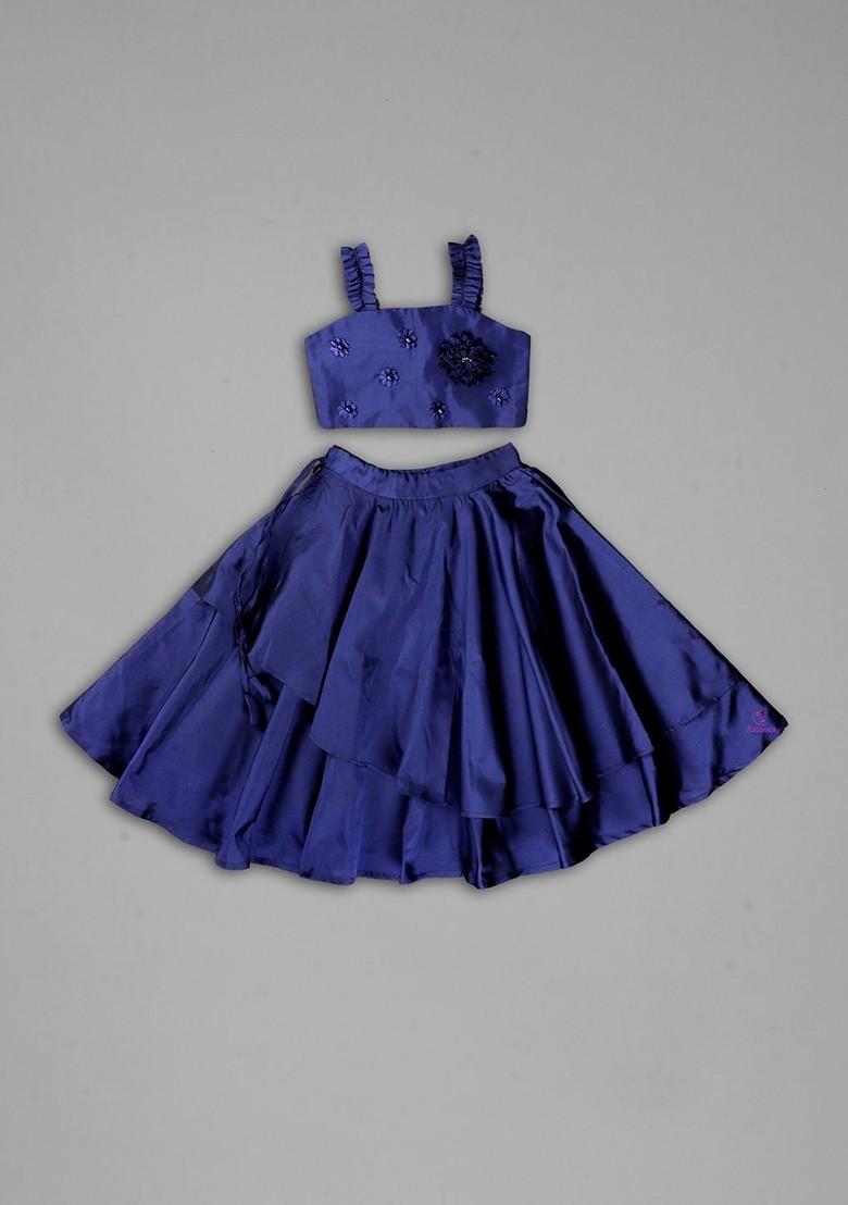 Navy Blue Embroidered Silk Lehenga Choli For Girls - Indya