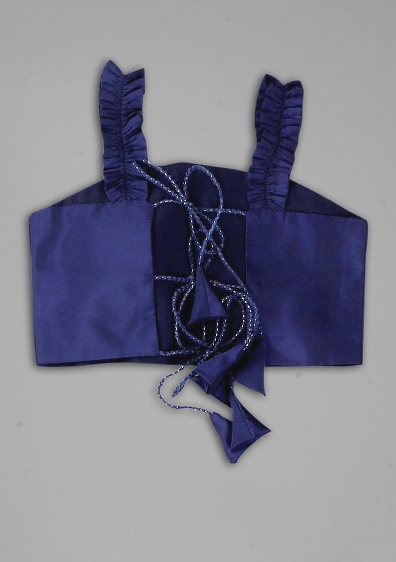 Navy Blue Embroidered Silk Lehenga Choli For Girls - Indya