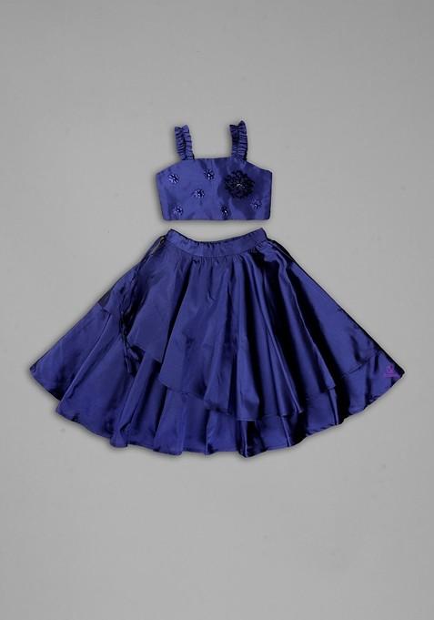 Navy Blue Embroidered Silk Lehenga Choli For Girls