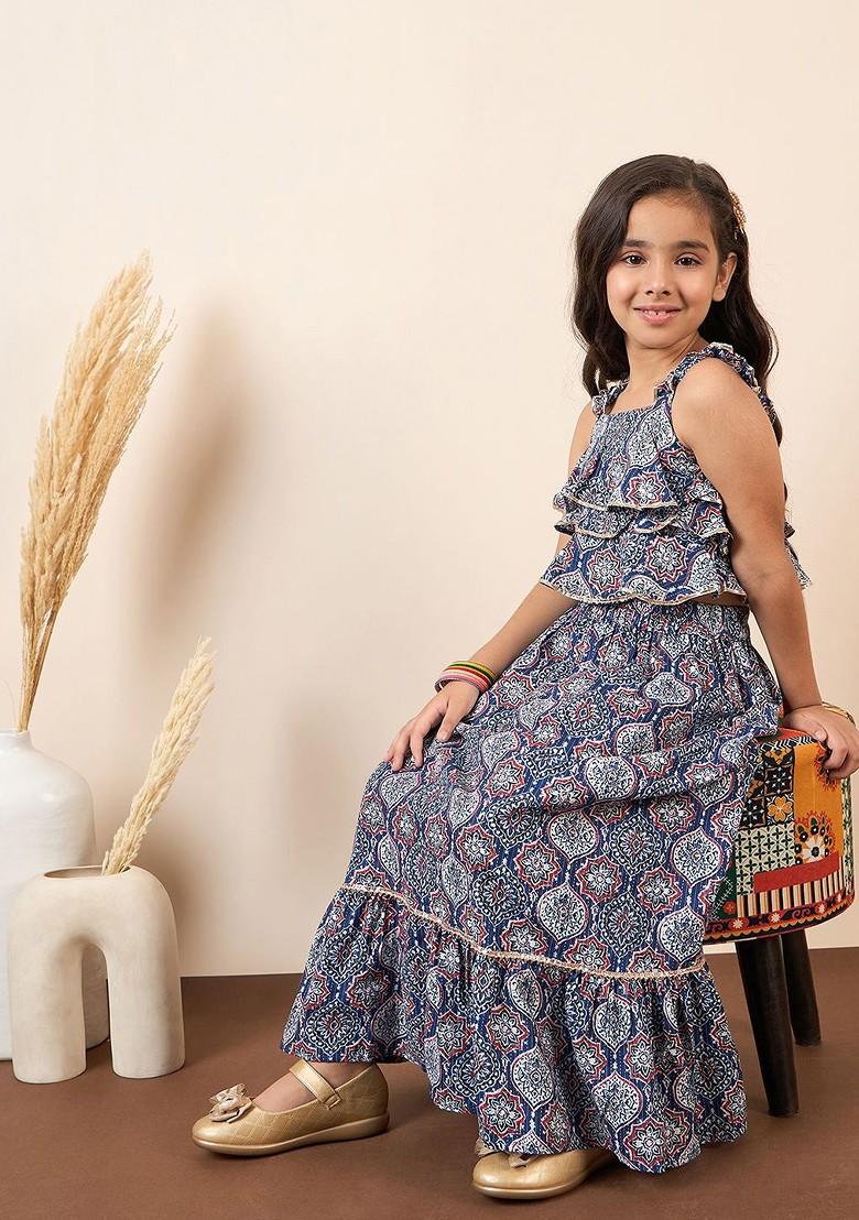 Blue Printed Cotton Blend Lehenga Choli For Girls - Indya