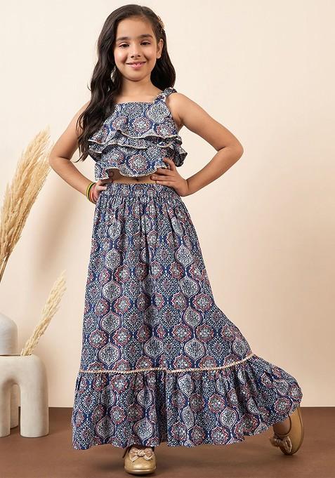 Blue Printed Cotton Blend Lehenga Choli For Girls — view on Indya