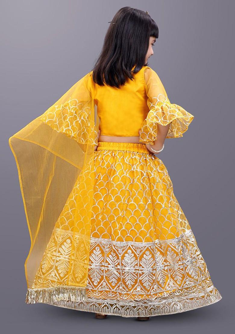 Mustard Embroidered Blended Lehenga Choli For Girls - Indya