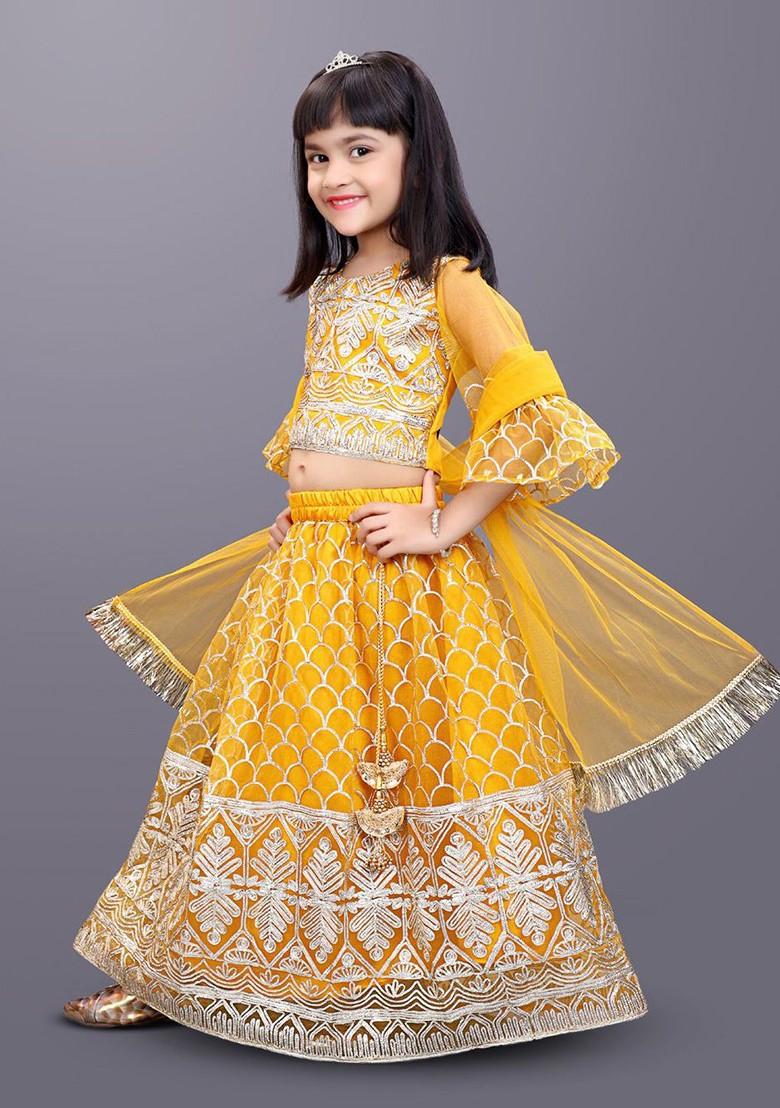 Mustard Embroidered Blended Lehenga Choli For Girls - Indya