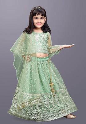 Green Embroidered Blended Lehenga Choli For Girls