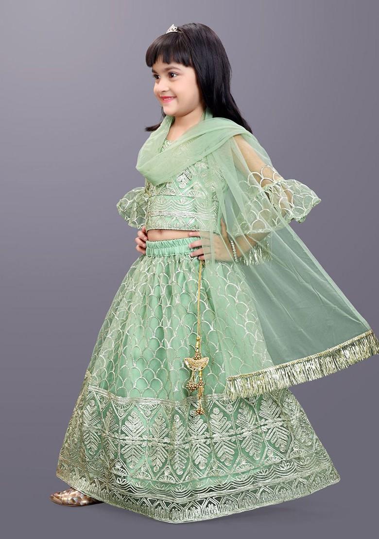 Green Embroidered Blended Lehenga Choli For Girls - Indya