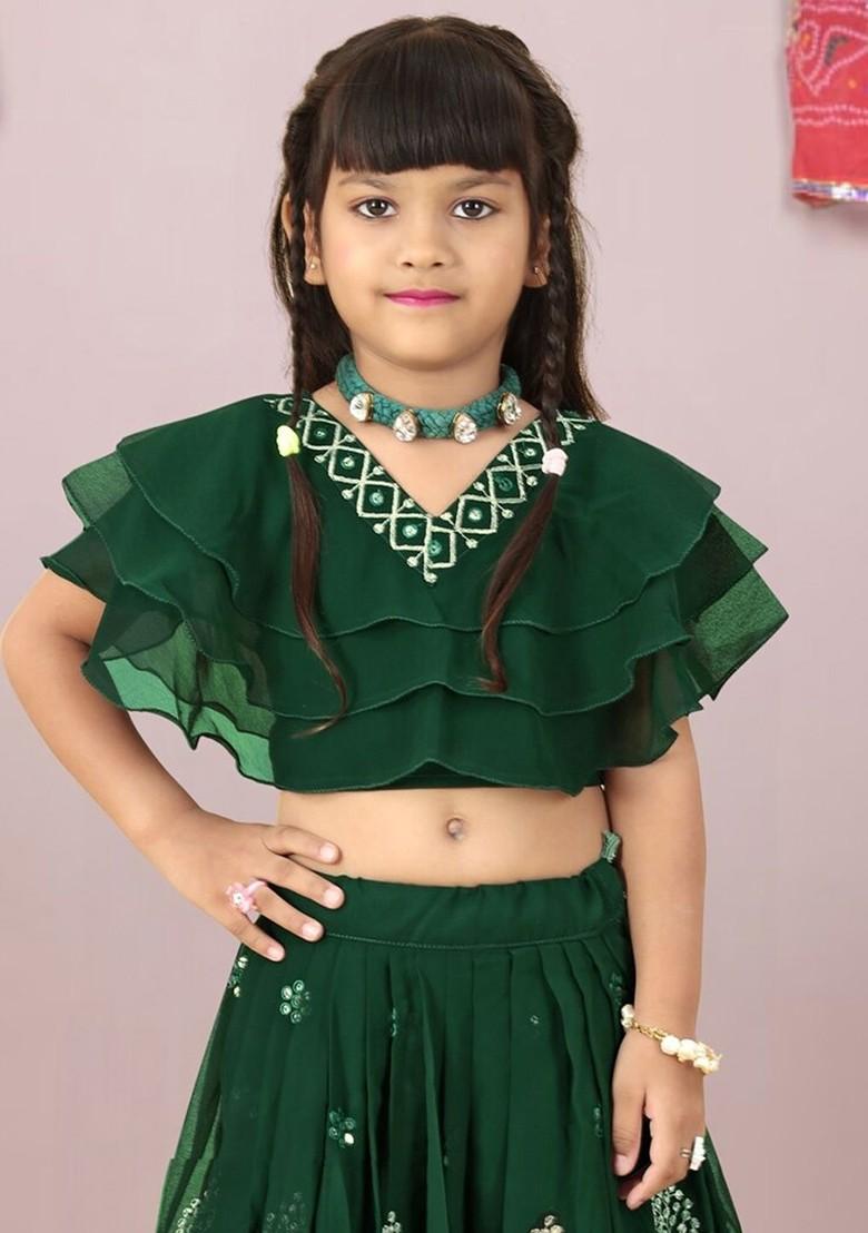 Green Embroidered Blended Lehenga Choli For Girls - Indya