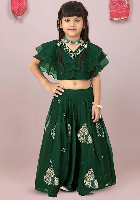 Green Embroidered Blended Lehenga Choli For Girls