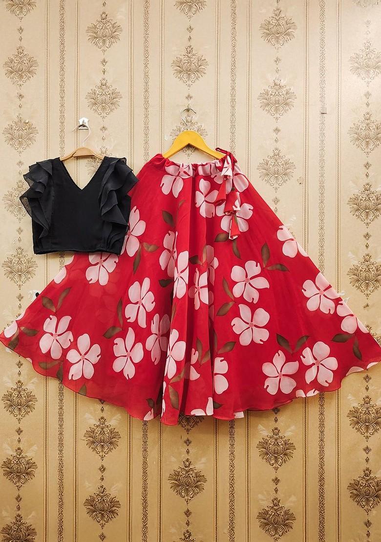 Red Embroidered Blended Lehenga Choli For Girls - Indya