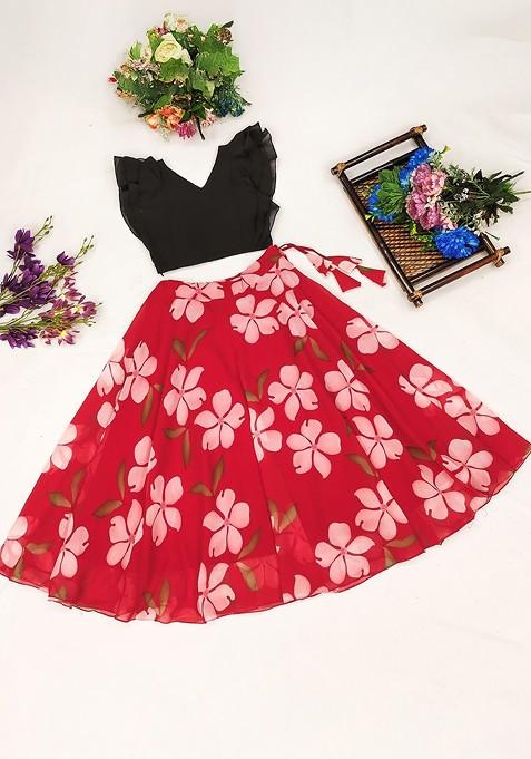 Red Embroidered Blended Lehenga Choli For Girls