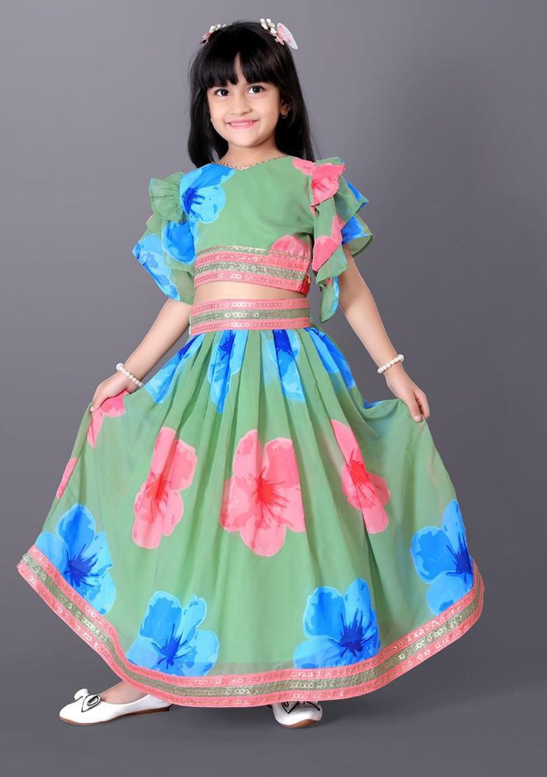 Lime Green Printed Blended Lehenga Choli For Girls - Indya
