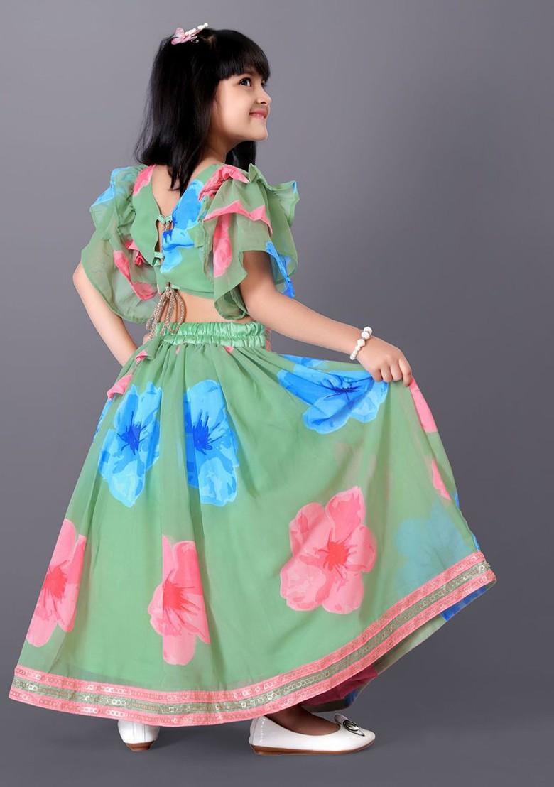 Lime Green Printed Blended Lehenga Choli For Girls - Indya