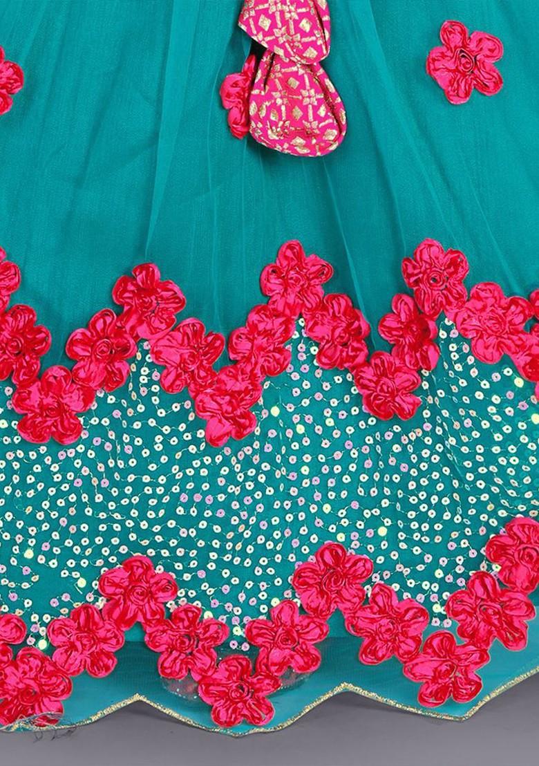 Teal Embroidered Blended Lehenga Choli For Girls - Indya