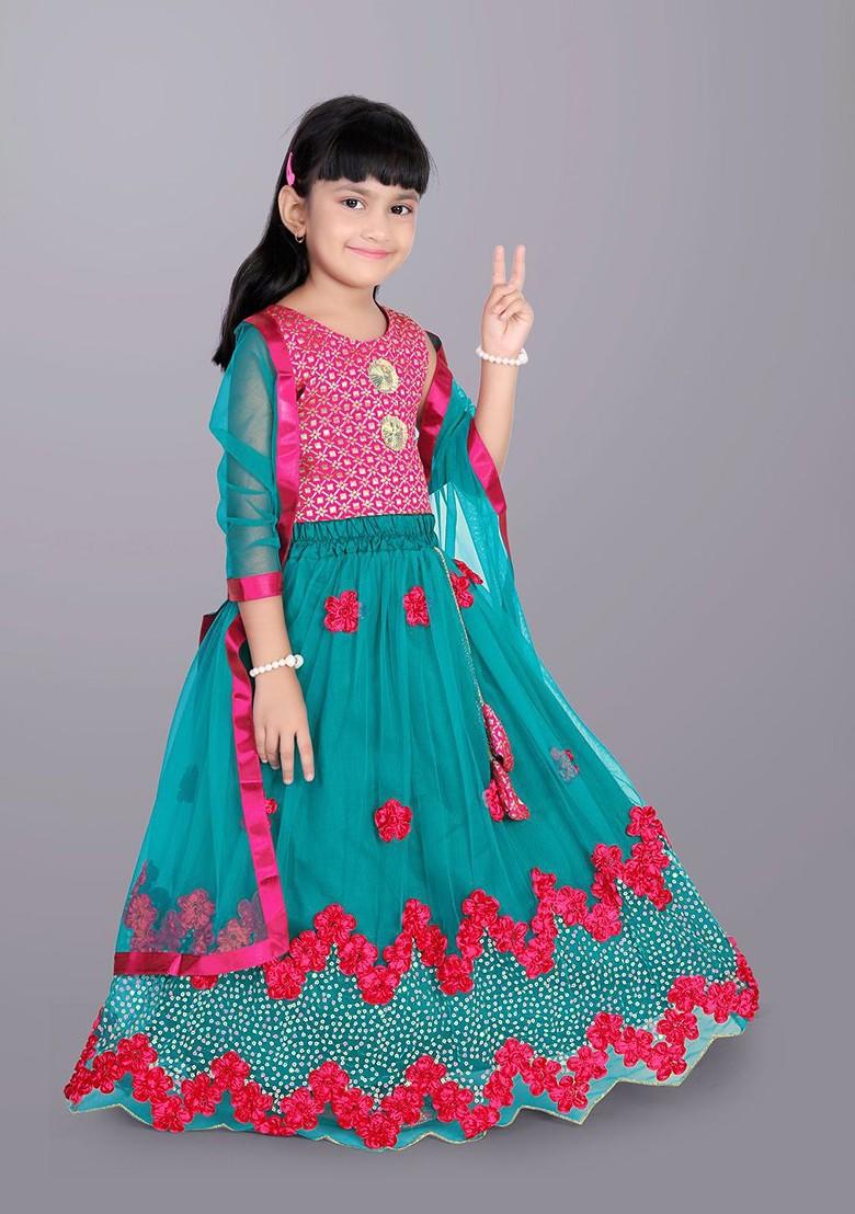 Teal Embroidered Blended Lehenga Choli For Girls - Indya