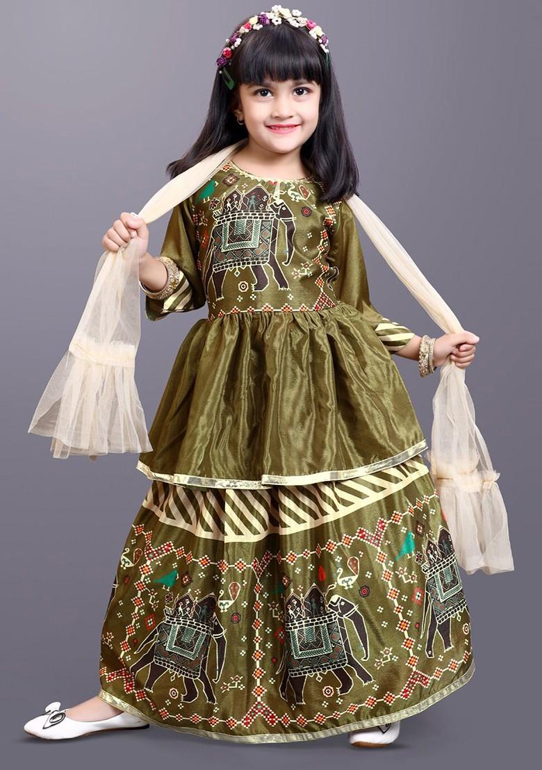 Green Printed Blended Lehenga Choli For Girls - Indya