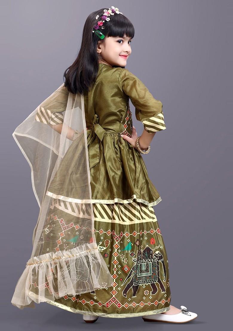 Green Printed Blended Lehenga Choli For Girls - Indya