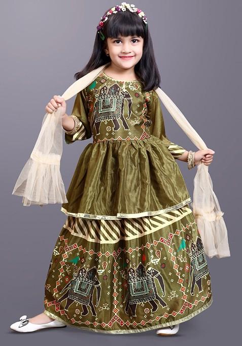 Green Printed Blended Lehenga Choli For Girls — view on Indya