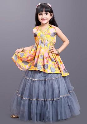 Yellow Printed Blended Lehenga Choli For Girls