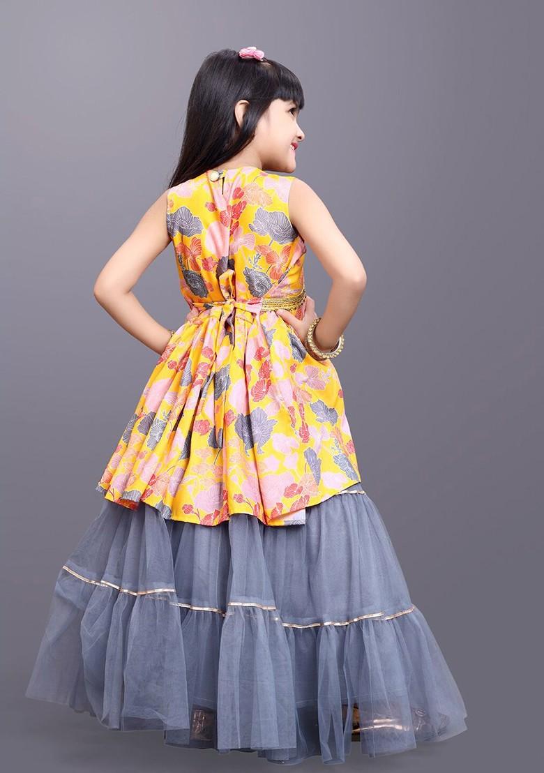 Yellow Printed Blended Lehenga Choli For Girls - Indya