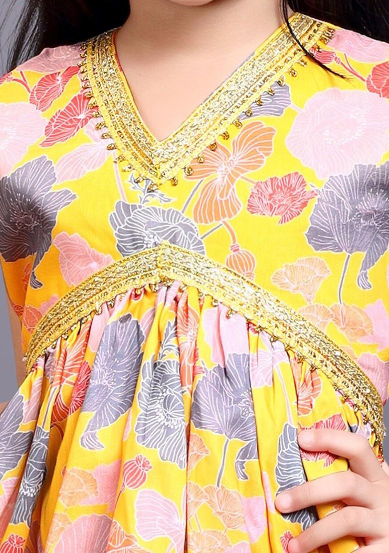 Yellow Printed Blended Lehenga Choli For Girls - Indya