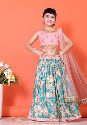 Teal Embroidered Blended Lehenga Choli For Girls