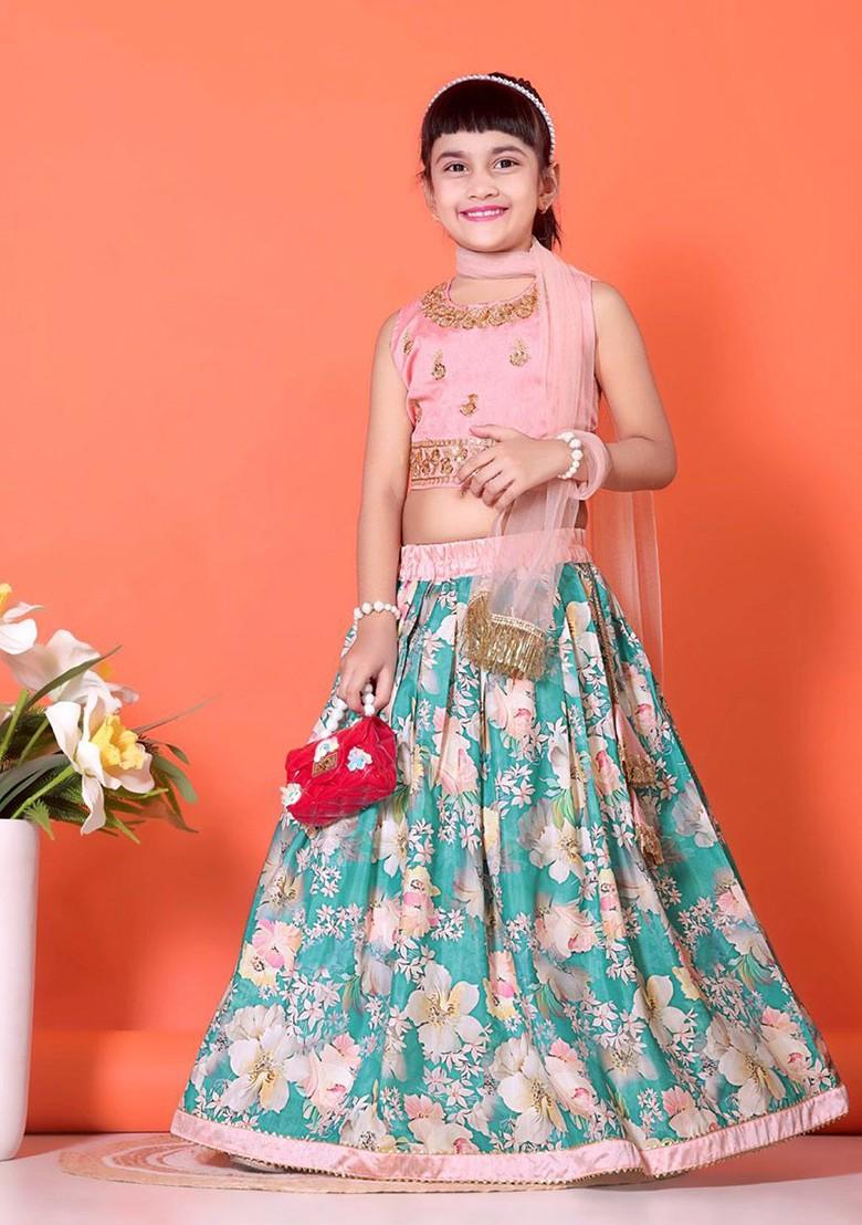 Teal Embroidered Blended Lehenga Choli For Girls - Indya