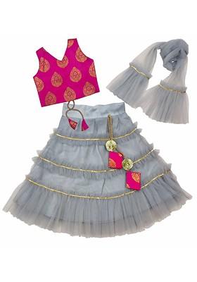 Grey Embroidered Blended Lehenga Choli For Girls