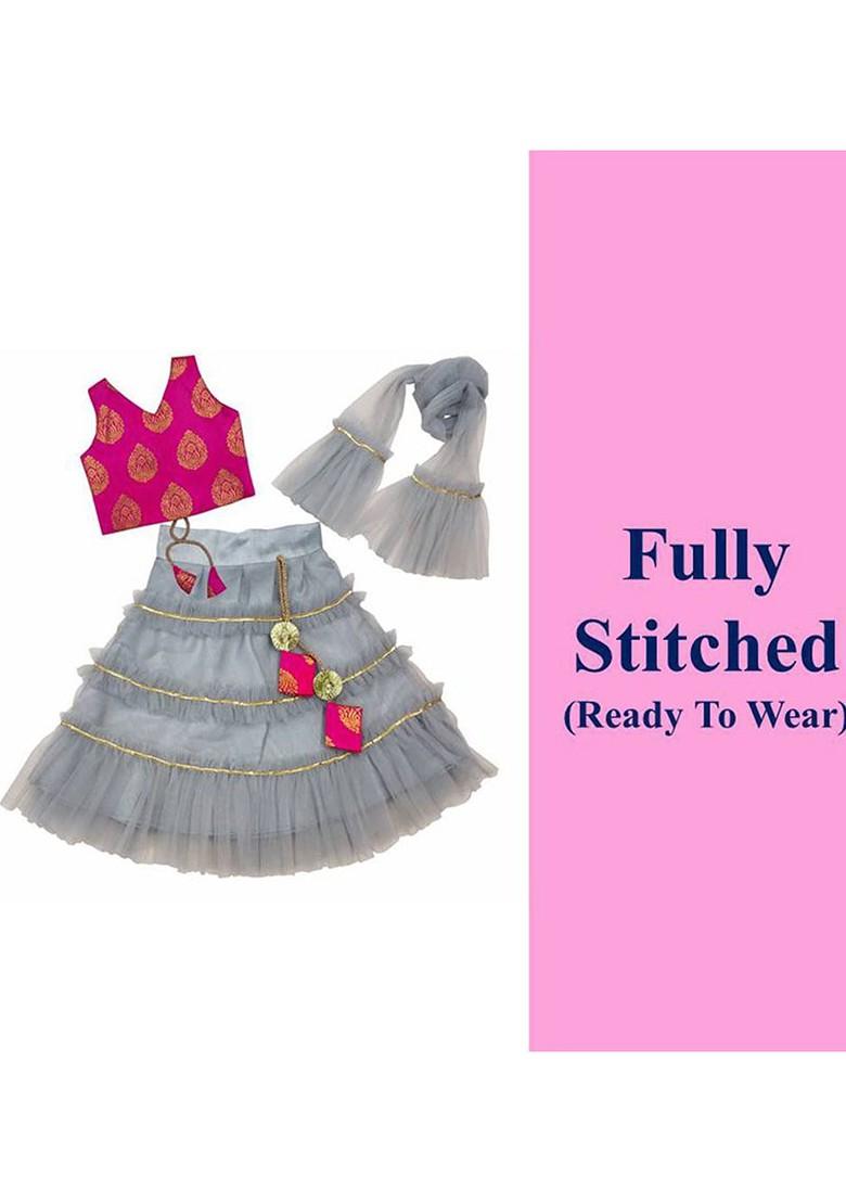 Grey Embroidered Blended Lehenga Choli For Girls - Indya