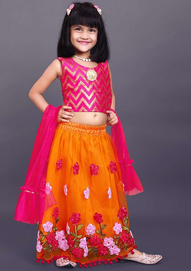 Orange Embroidered Blended Lehenga Choli For Girls - Indya