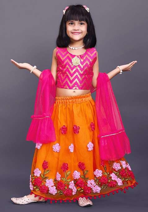 Orange Embroidered Blended Lehenga Choli For Girls