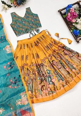 Yellow Printed Blended Lehenga Choli For Girls