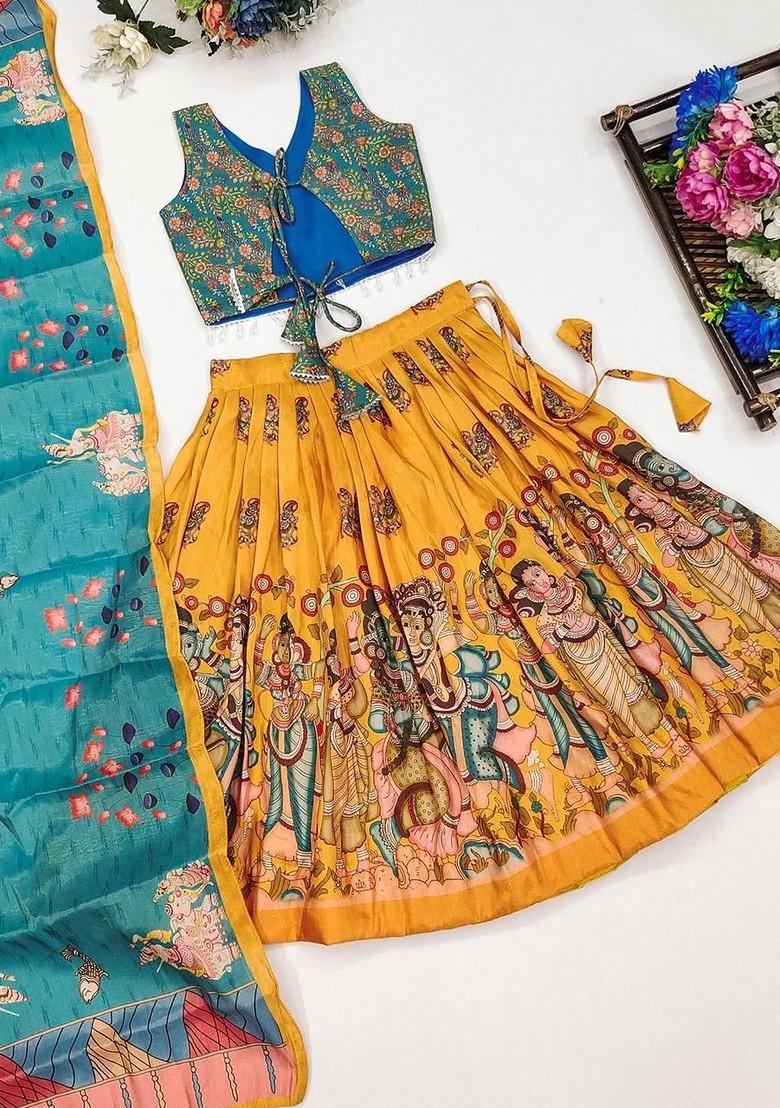 Yellow Printed Blended Lehenga Choli For Girls - Indya