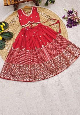 Red Embellished Blended Lehenga Choli For Girls