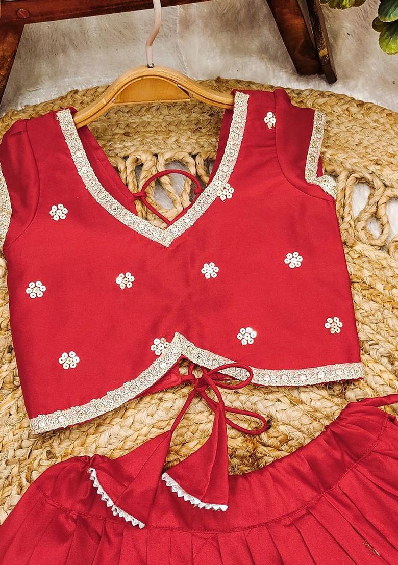 Red Embellished Blended Lehenga Choli For Girls - Indya