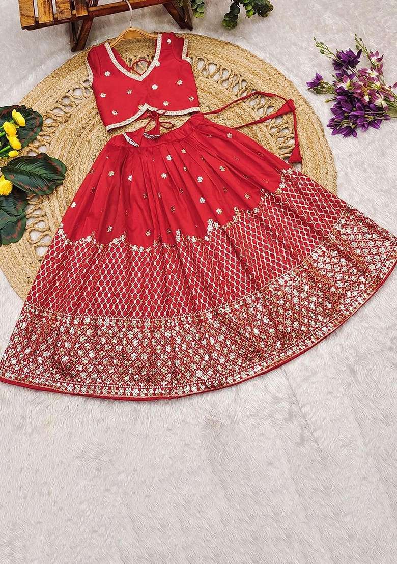Red Embellished Blended Lehenga Choli For Girls - Indya