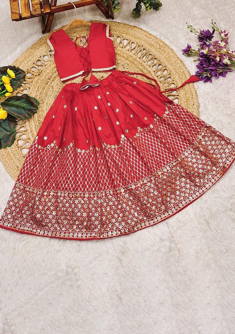 Red Embellished Blended Lehenga Choli For Girls - Indya