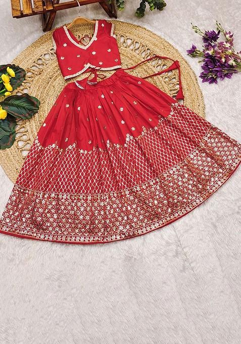 Red Embellished Blended Lehenga Choli For Girls