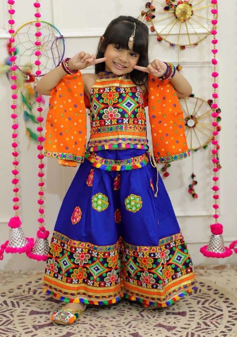 Blue Embroidered Cotton Blend Lehenga Choli For Girls - Indya
