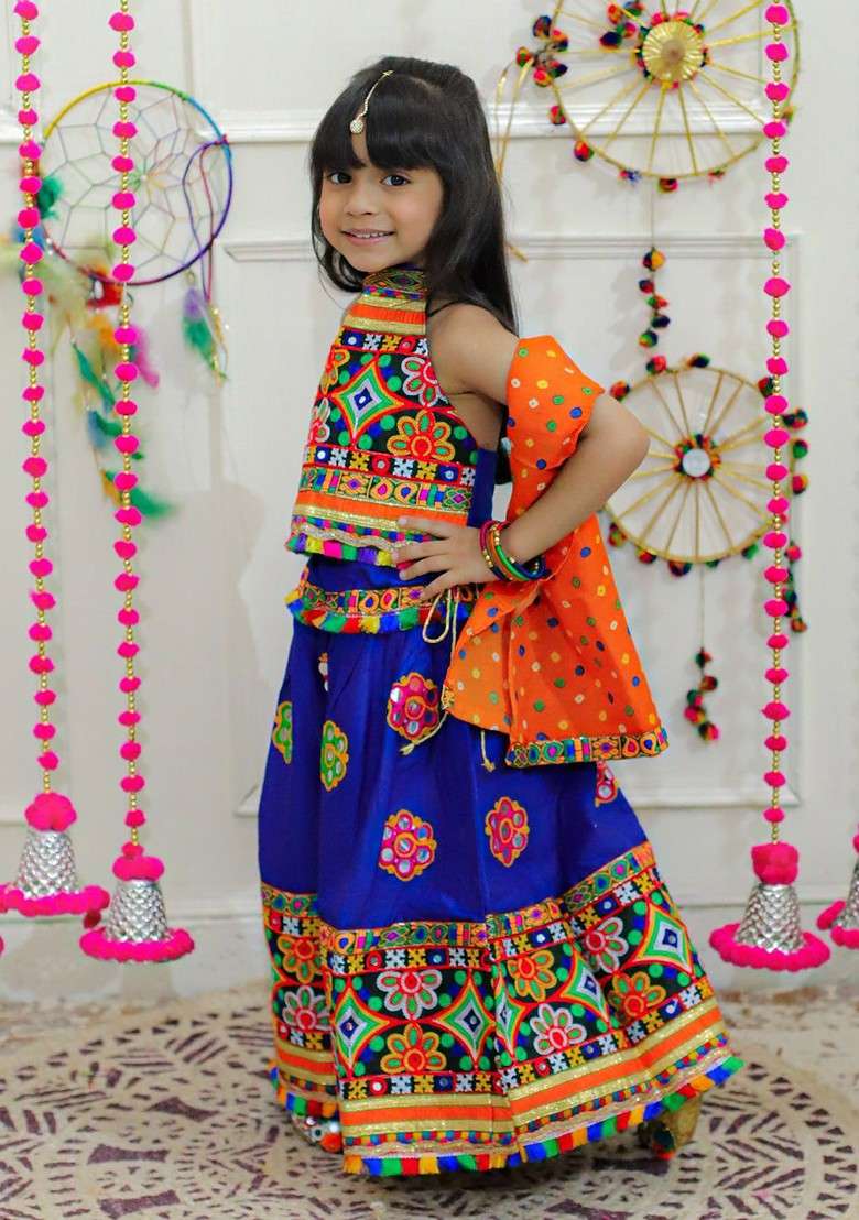 Blue Embroidered Cotton Blend Lehenga Choli For Girls - Indya