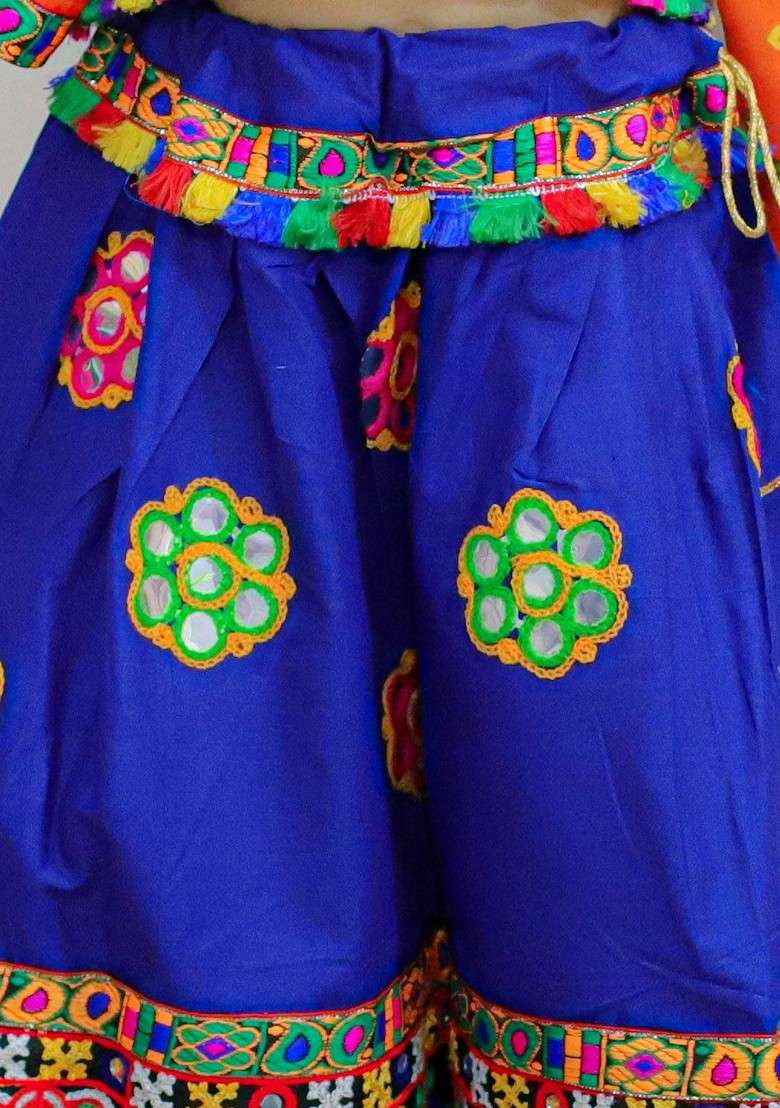 Blue Embroidered Cotton Blend Lehenga Choli For Girls - Indya