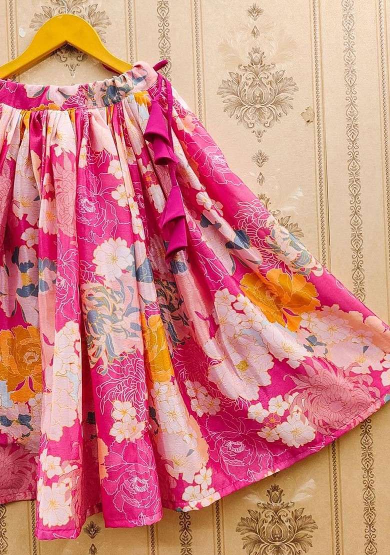 Pink Printed Silk Lehenga Choli For Girls - Indya