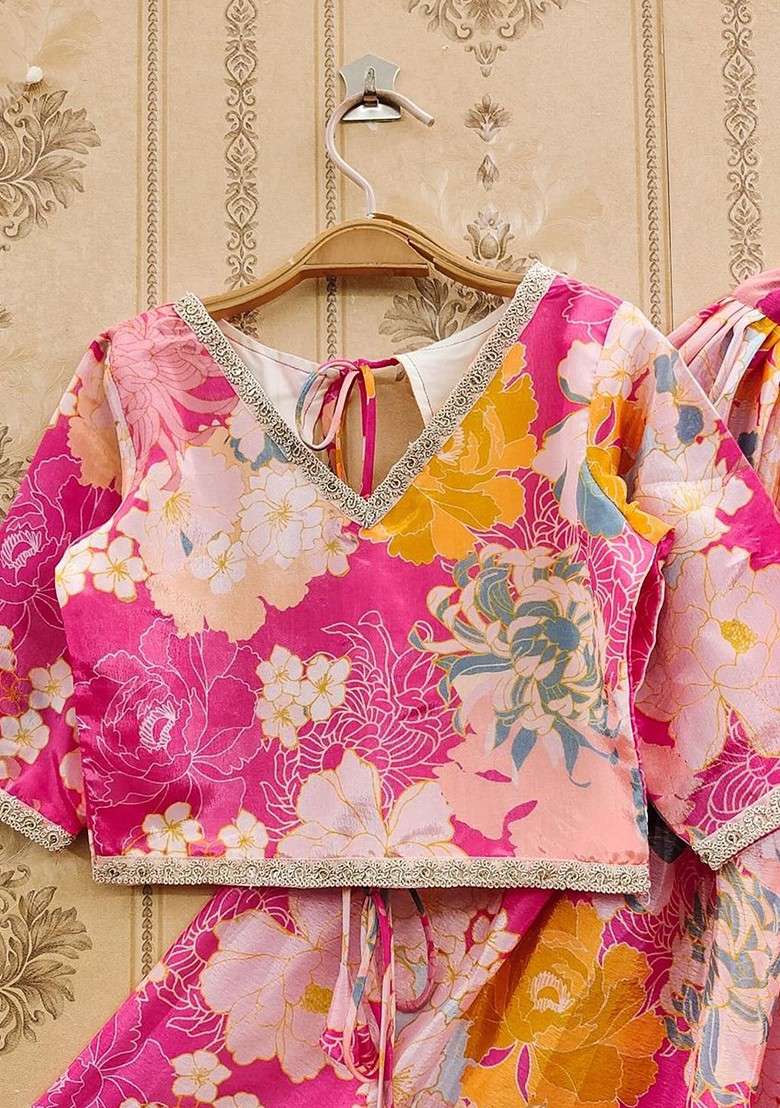 Pink Printed Silk Lehenga Choli For Girls - Indya
