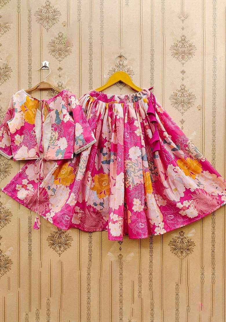 Pink Printed Silk Lehenga Choli For Girls - Indya
