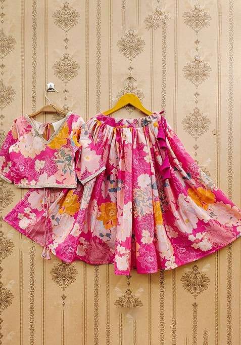 Pink Printed Silk Lehenga Choli For Girls