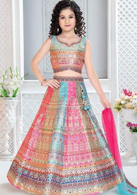 Blue Printed Blended Lehenga Choli For Girls — view on Indya