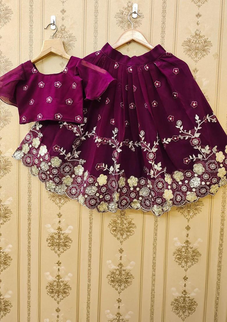 Purple Embroidered Silk Lehenga Choli For Girls - Indya